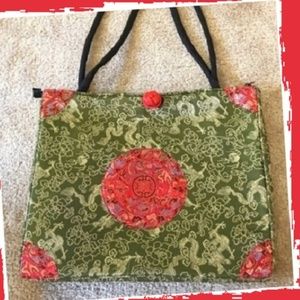 Green Red Asian Fabric Tote from China NWOT